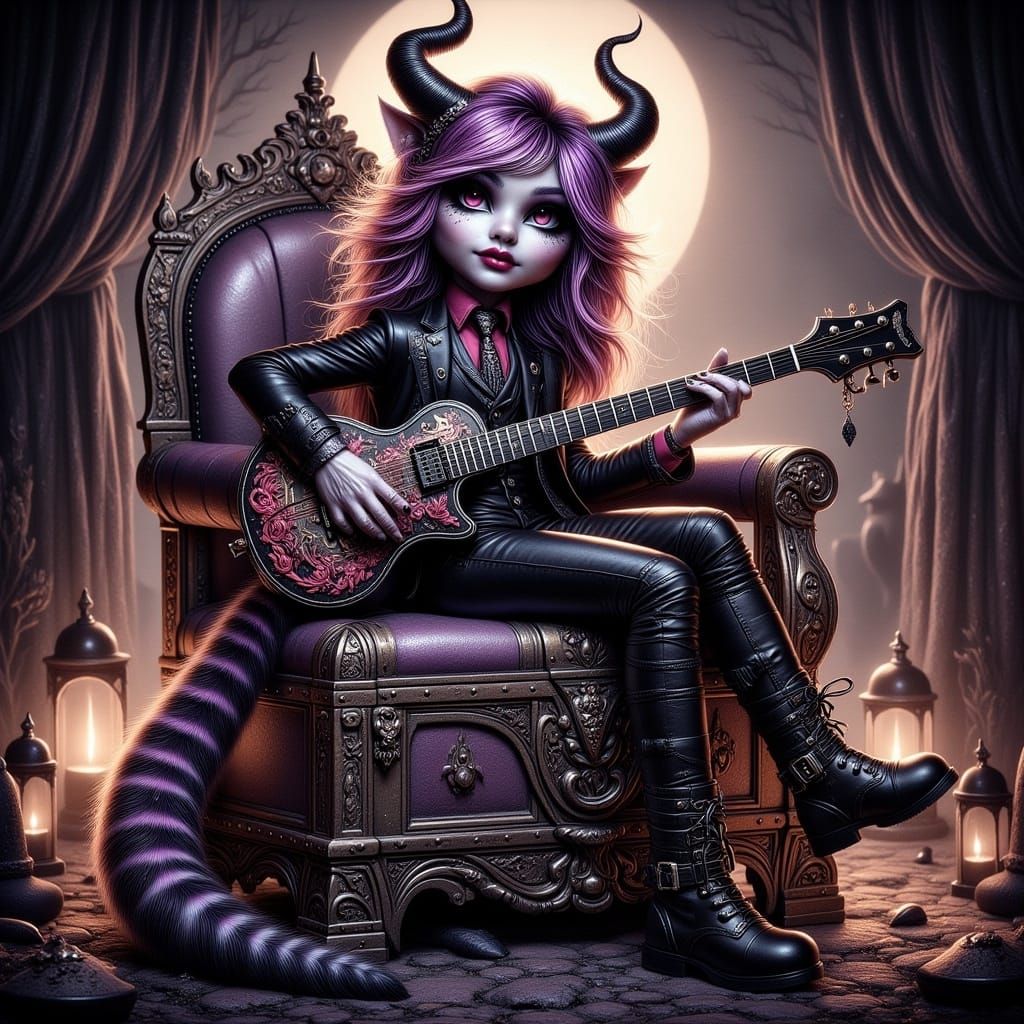 Regal Devil Plays Dark Guitar in Smoky Hellish Lair