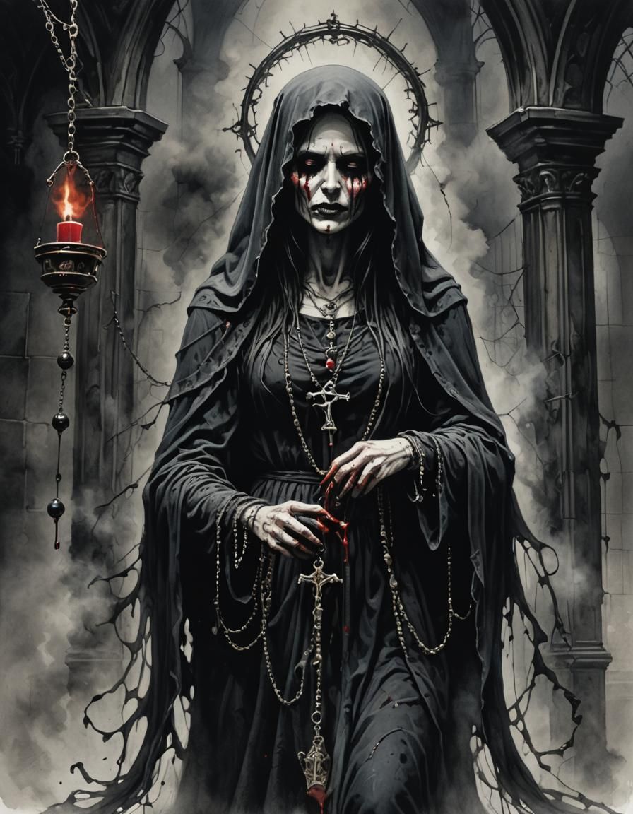 Gothic Horror: Veiled Woman in Sinister Cathedral