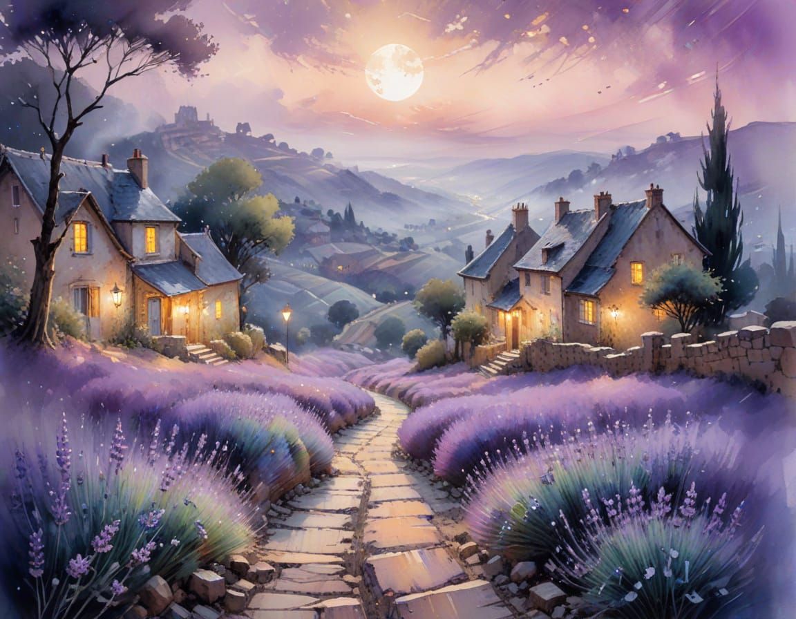 Lavender Field at Twilight in Watercolor Style