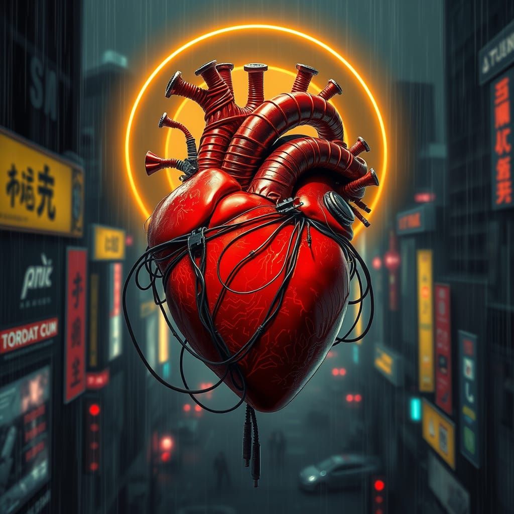 Cybernetic Heart in Neon Cityscape