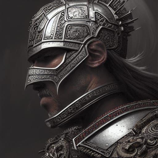 Hooded Warrior Portrait in Ornate Armor