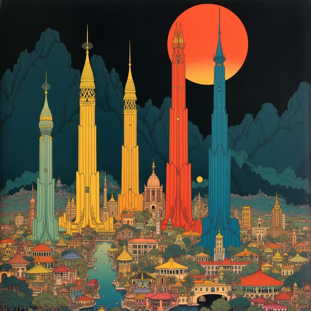 Vibrant Cityscape with Towers in Art Nouveau Style