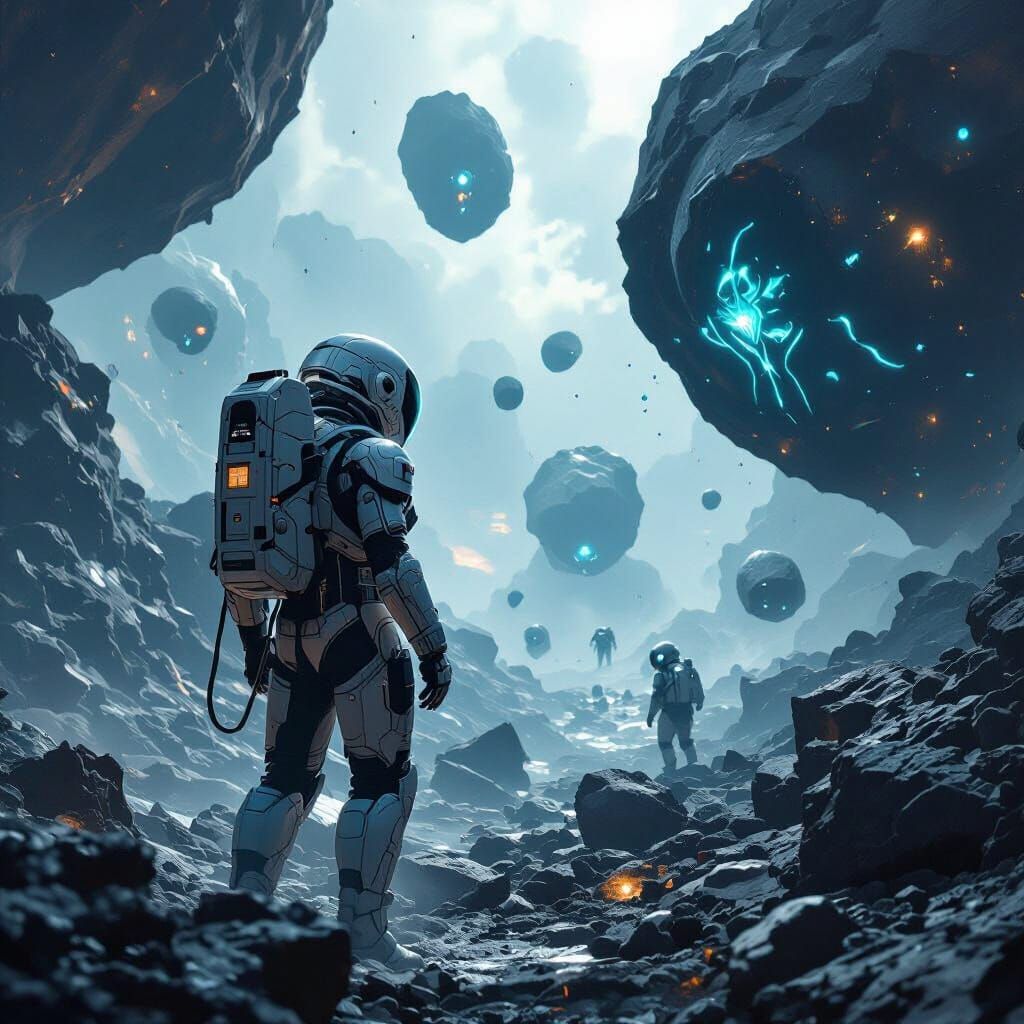 Astronaut Mining Asteroid Field in Sci-Fi Style