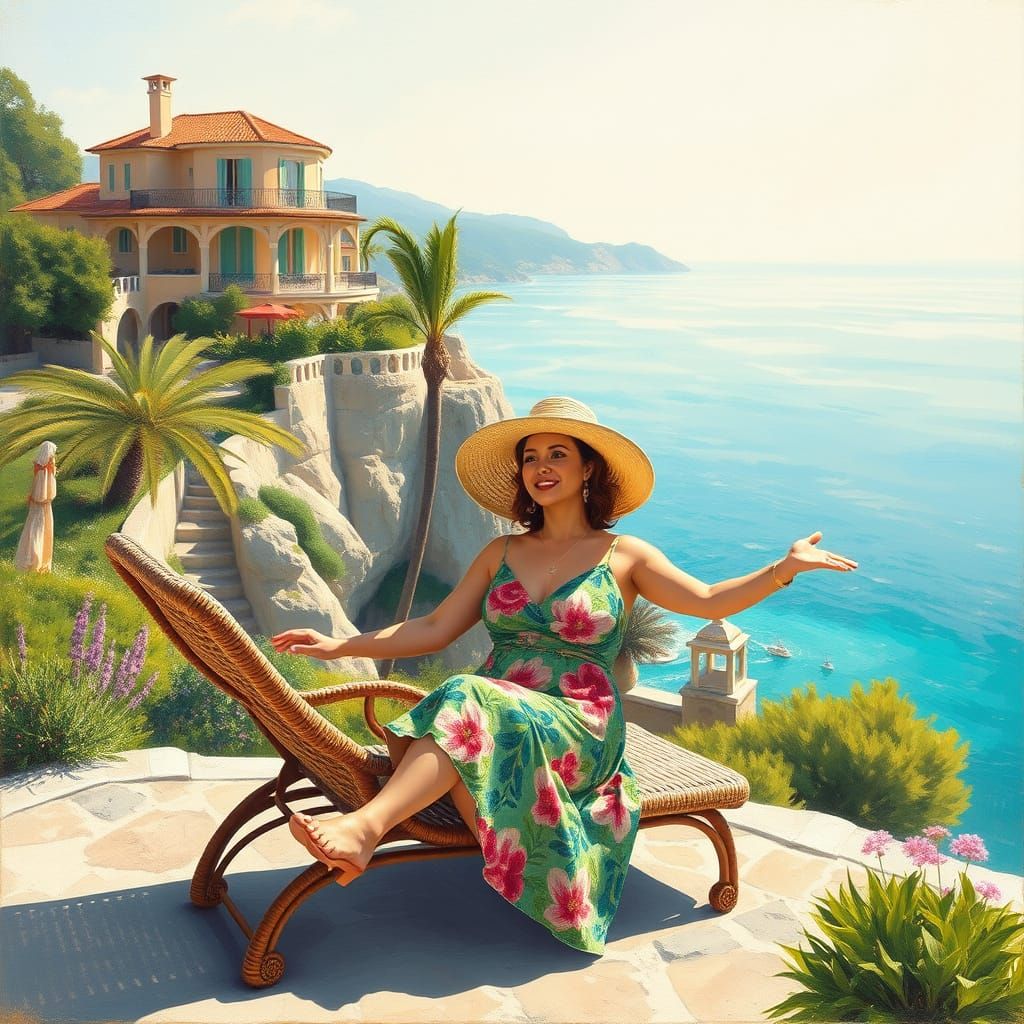 Elegant Woman Sits on Seaside Cliff Villa