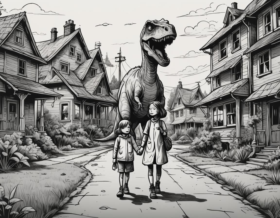 Girl Walks Dinosaur with Alien: Ink Doodle