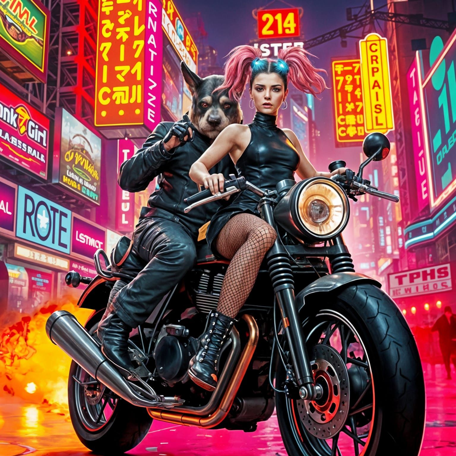 Cyberpunk Cityscape with Rugged Dogman and Daring Companion