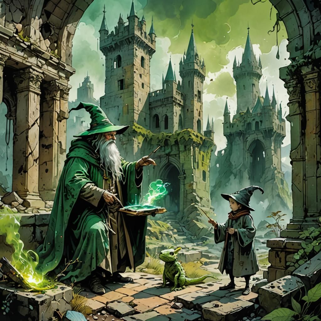 Mages Conjure Creature at Castle Ruins in Fantasy Art