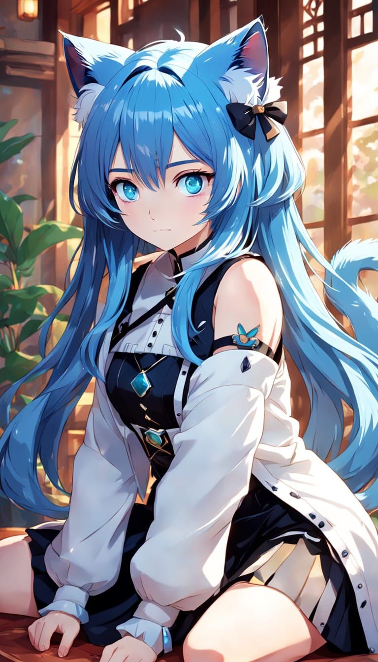 Anime Girl with Piercing Blue Eyes and Hair in Serene Pose