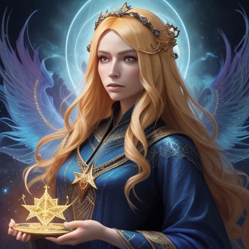 Blonde Tarot Reader with Gift Ribbons, Fantasy Art