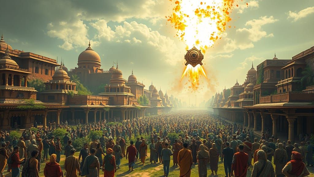 Ancient Indian Cityscape of Mohenjo-Daro Under Futuristic Sp...