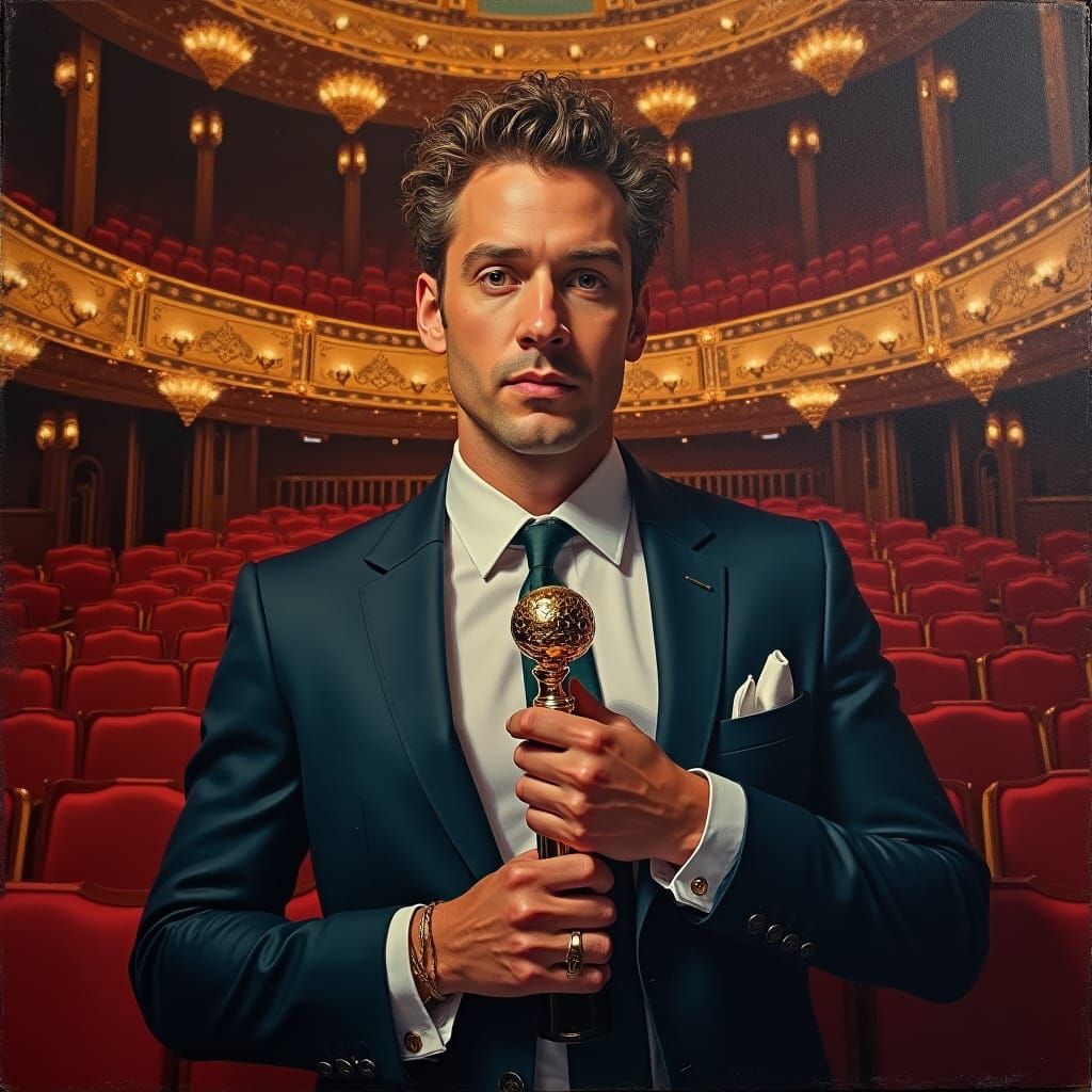 Man in Suit Holding Award in Ornate Portrait Style