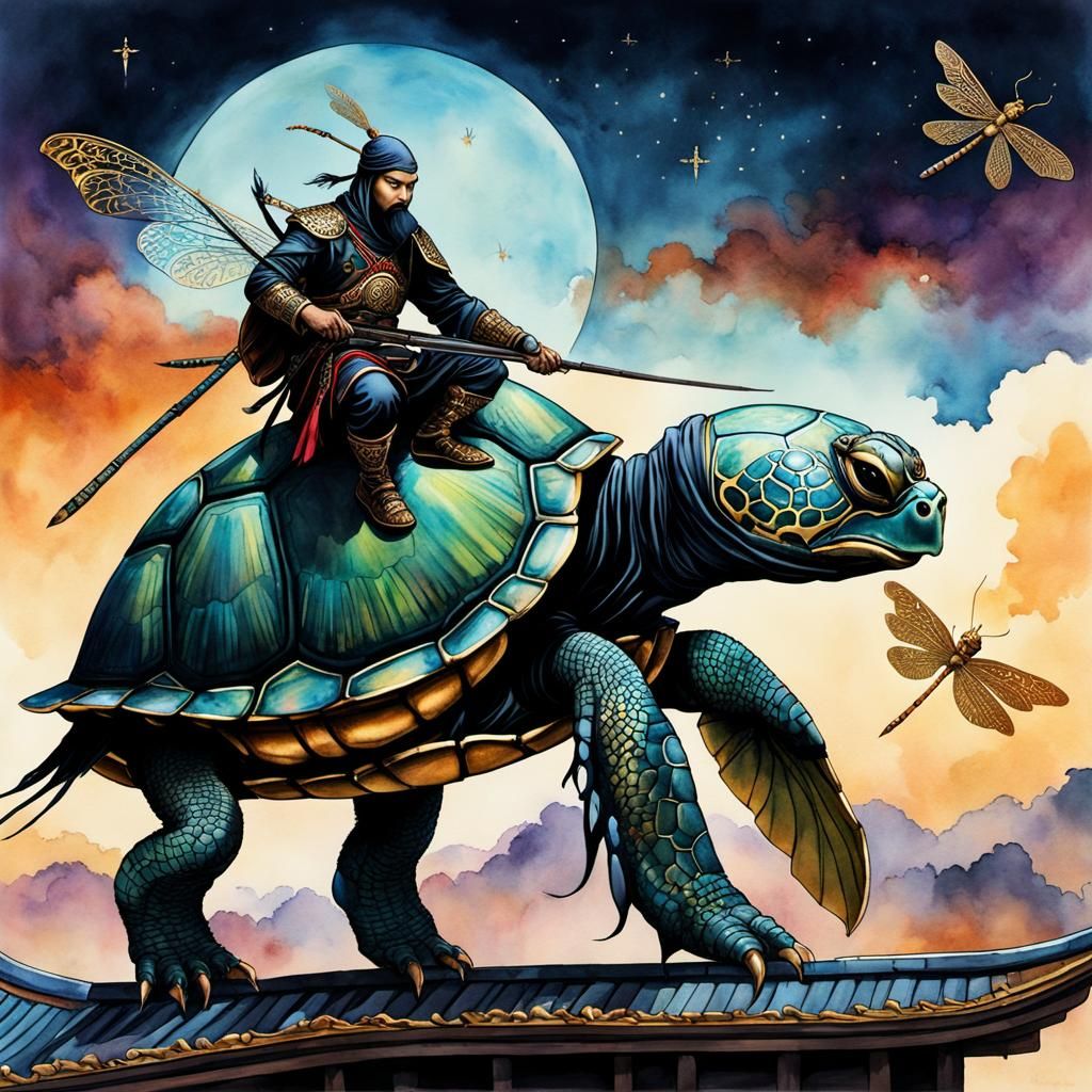 Turtle Assassin on Rooftop in Dark Asian Fantasy Style