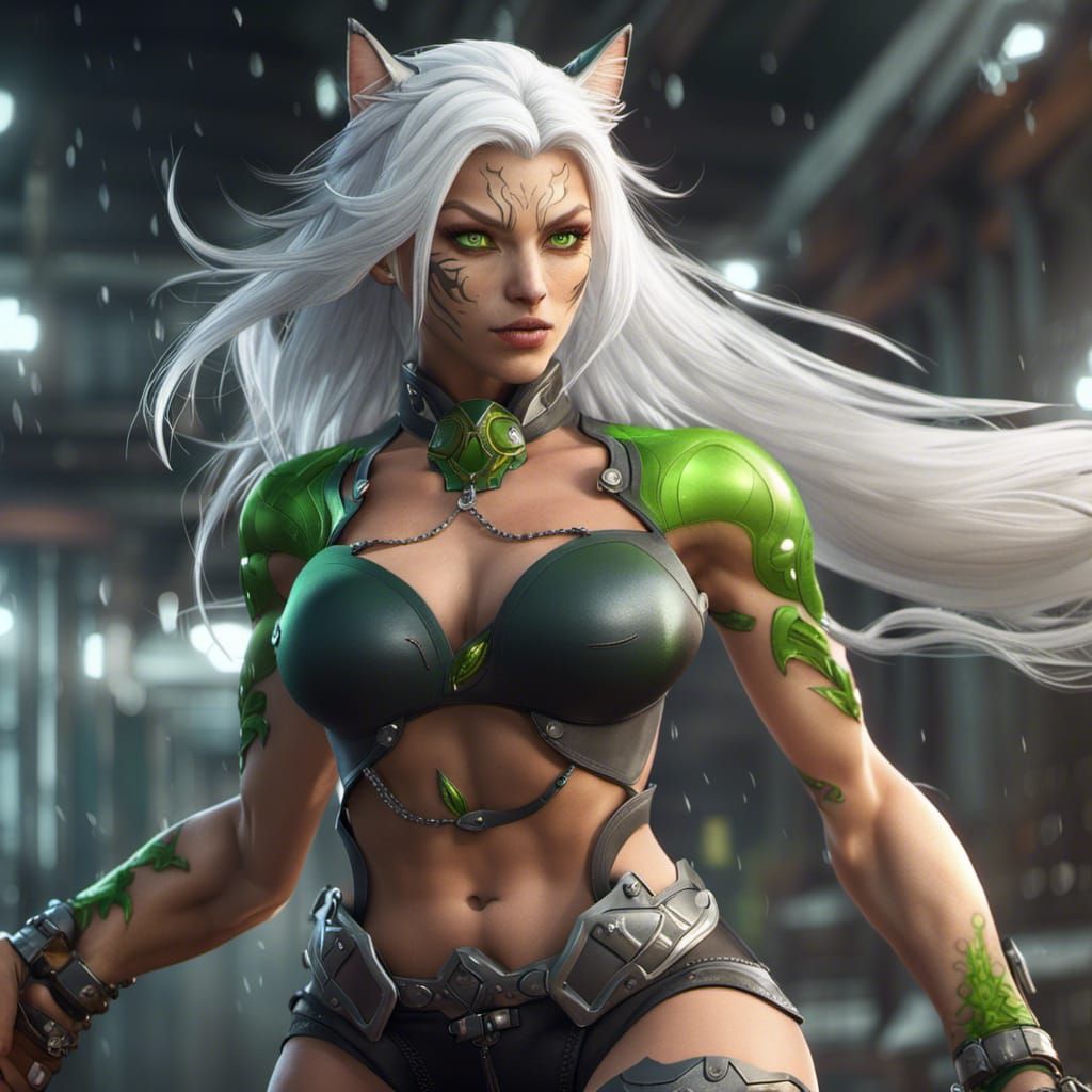 Muscular Cat Girl with White Hair, Fantasy Art