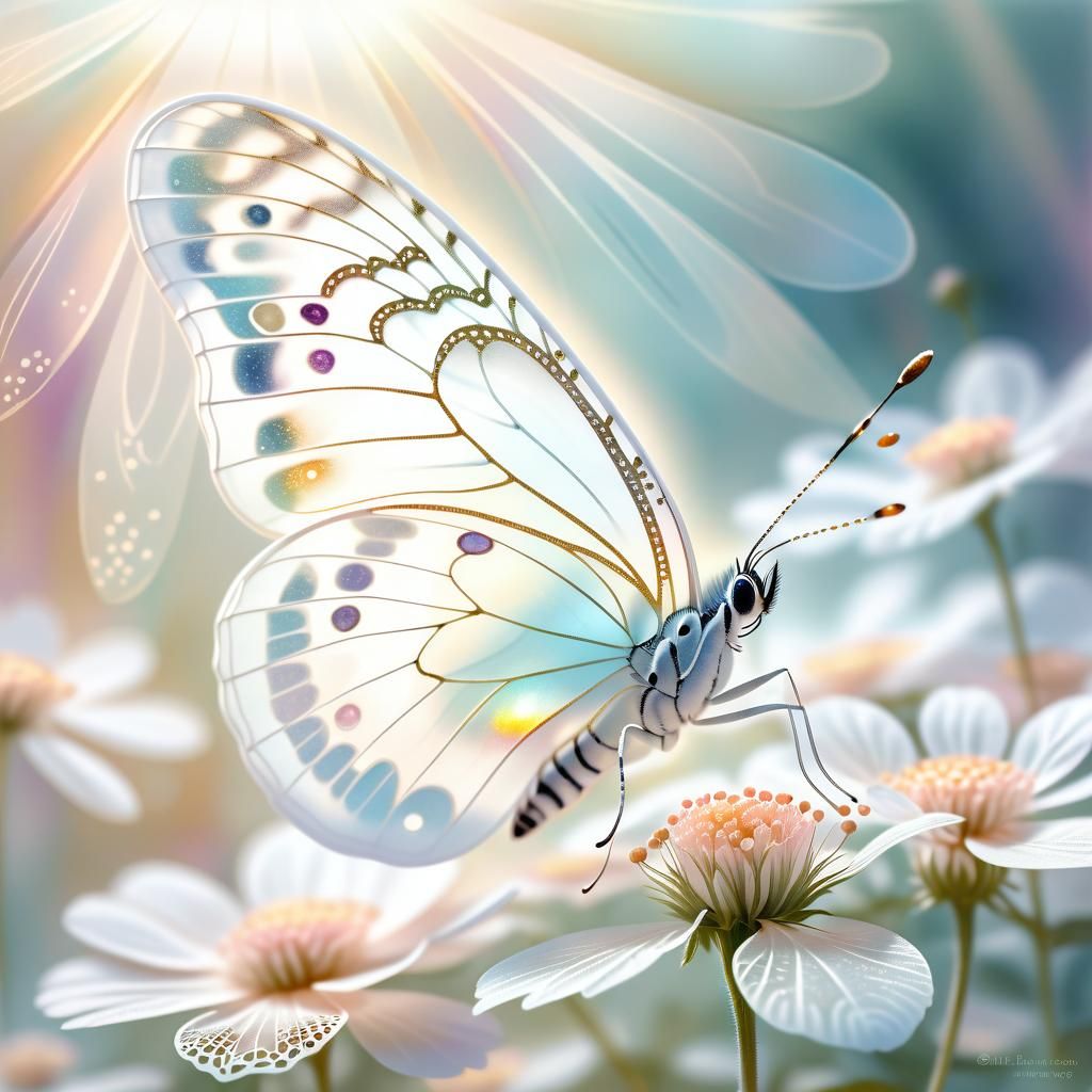 Translucent Butterfly on Flower in Watercolor Style