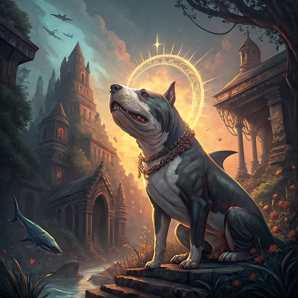 Pitbull Shark Hybrid in Mystical Town, Matte Painting