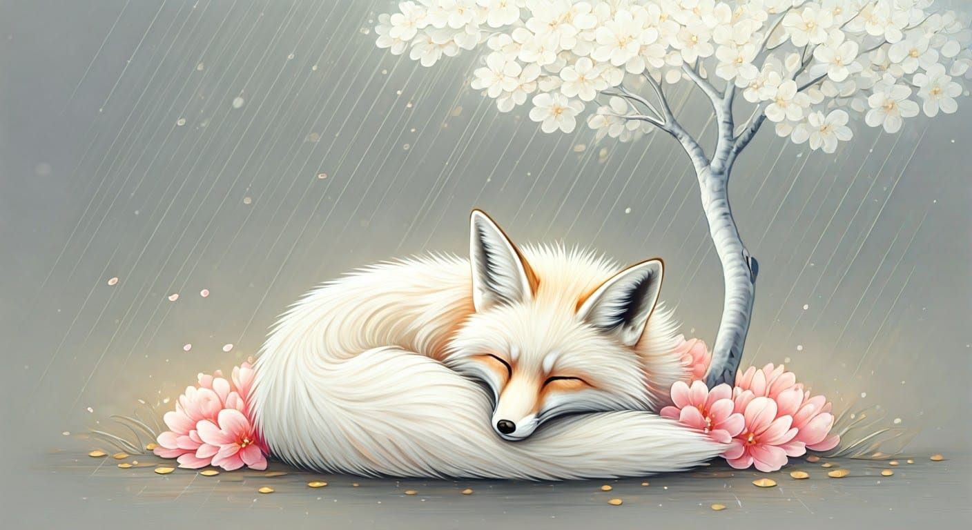 Fox Under Cherry Tree: Watercolor and Ink Sketch