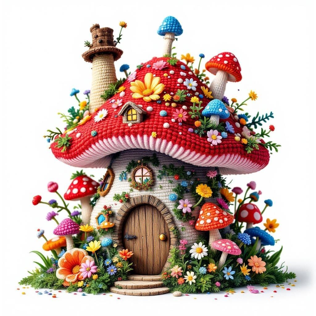 Colorful Amigurumi Mushroom Fairy House in Splash Art Style