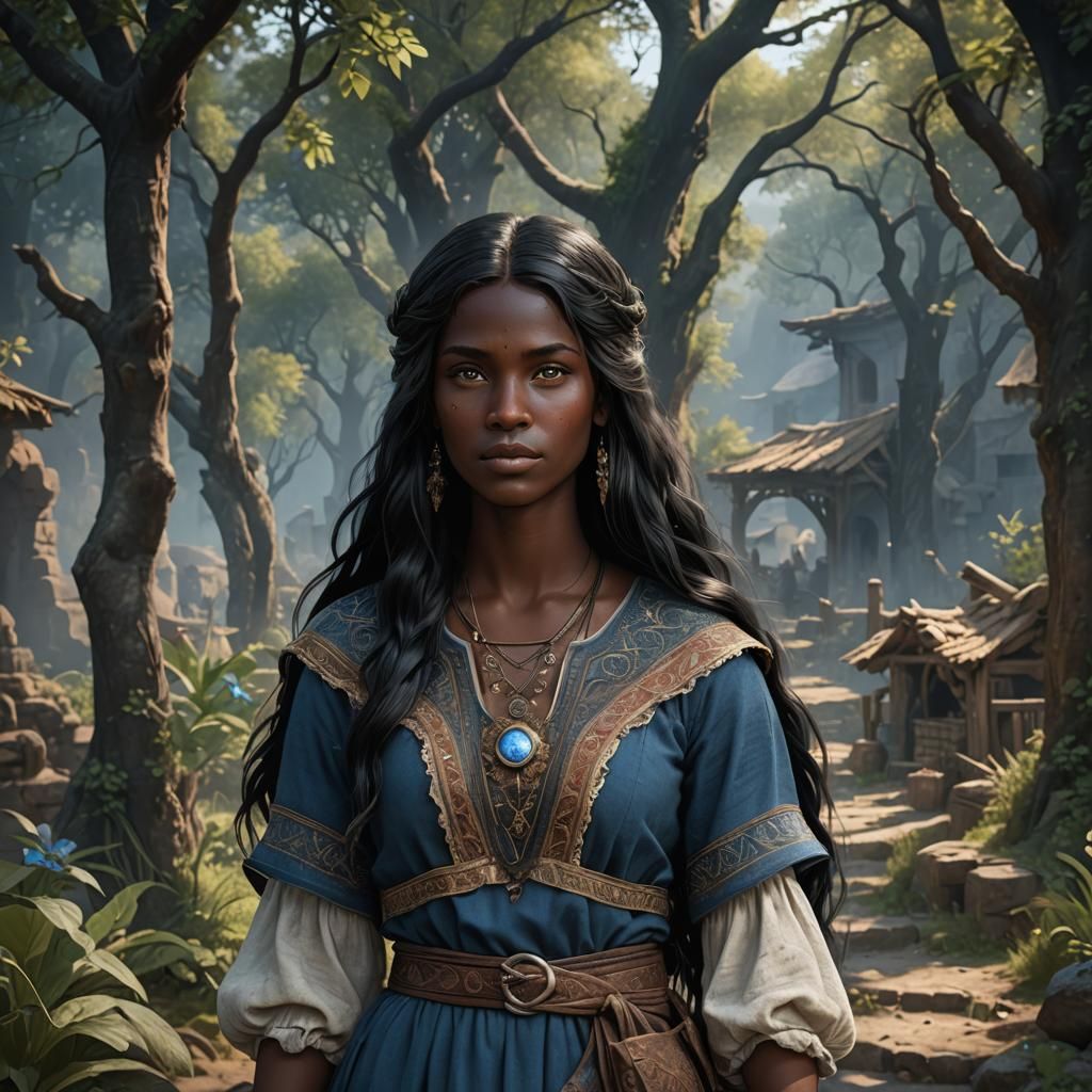 Peasant Woman with Dark Skin in Detailed Digital Painting