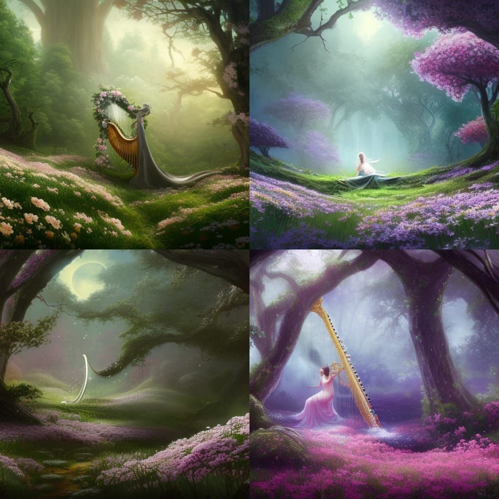 Harp in Flowery Clearing at Night: Fantasy Concept Art