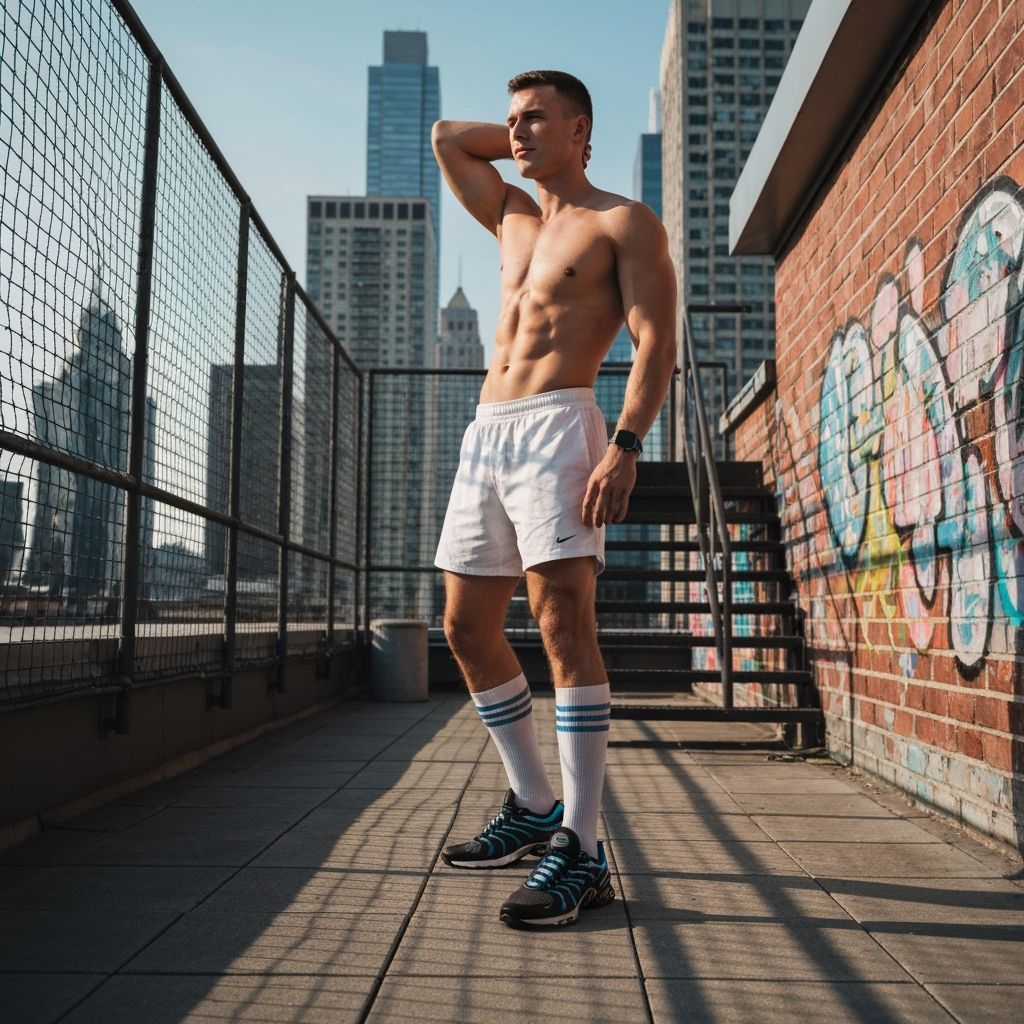 Athletic Man Posing on City Rooftop Terrace