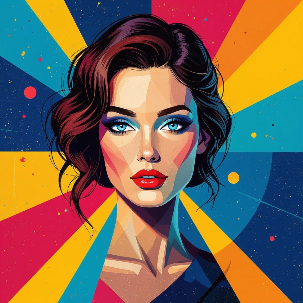 Woman with Blue Eyes in Surreal Scene, Pop Art Style