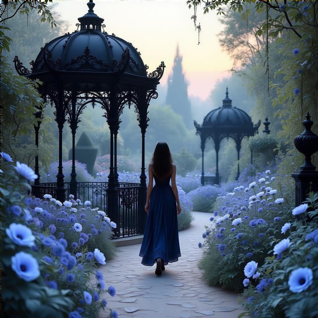 A dreamlike indigo-themed botanical garden bathed in soft tw...