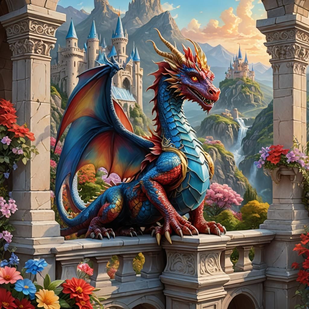 Whimsical Dragon on Castle Balcony in Pastel Hues