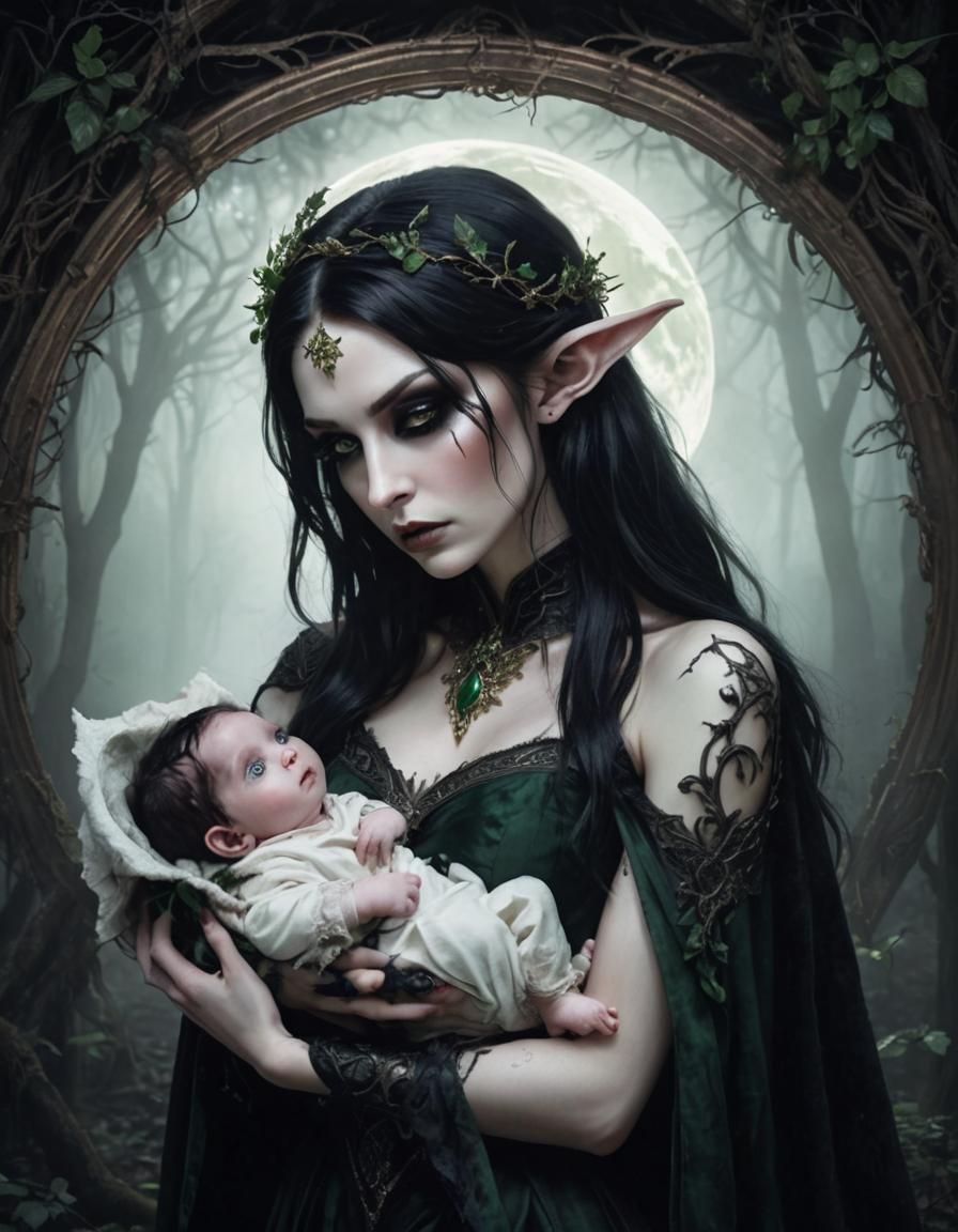 Mystical Elf Woman with Stolen Child in Forest