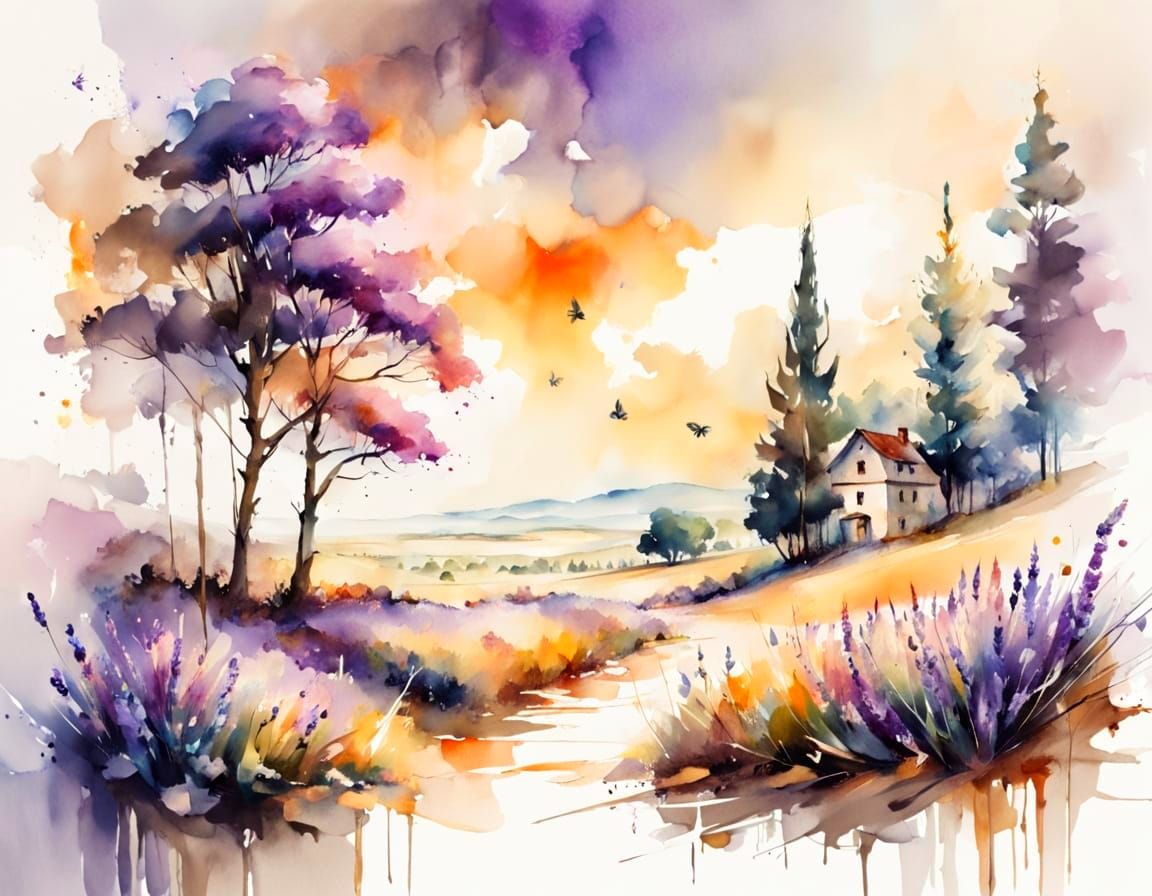 Watercolor Lavender Field at Sunset