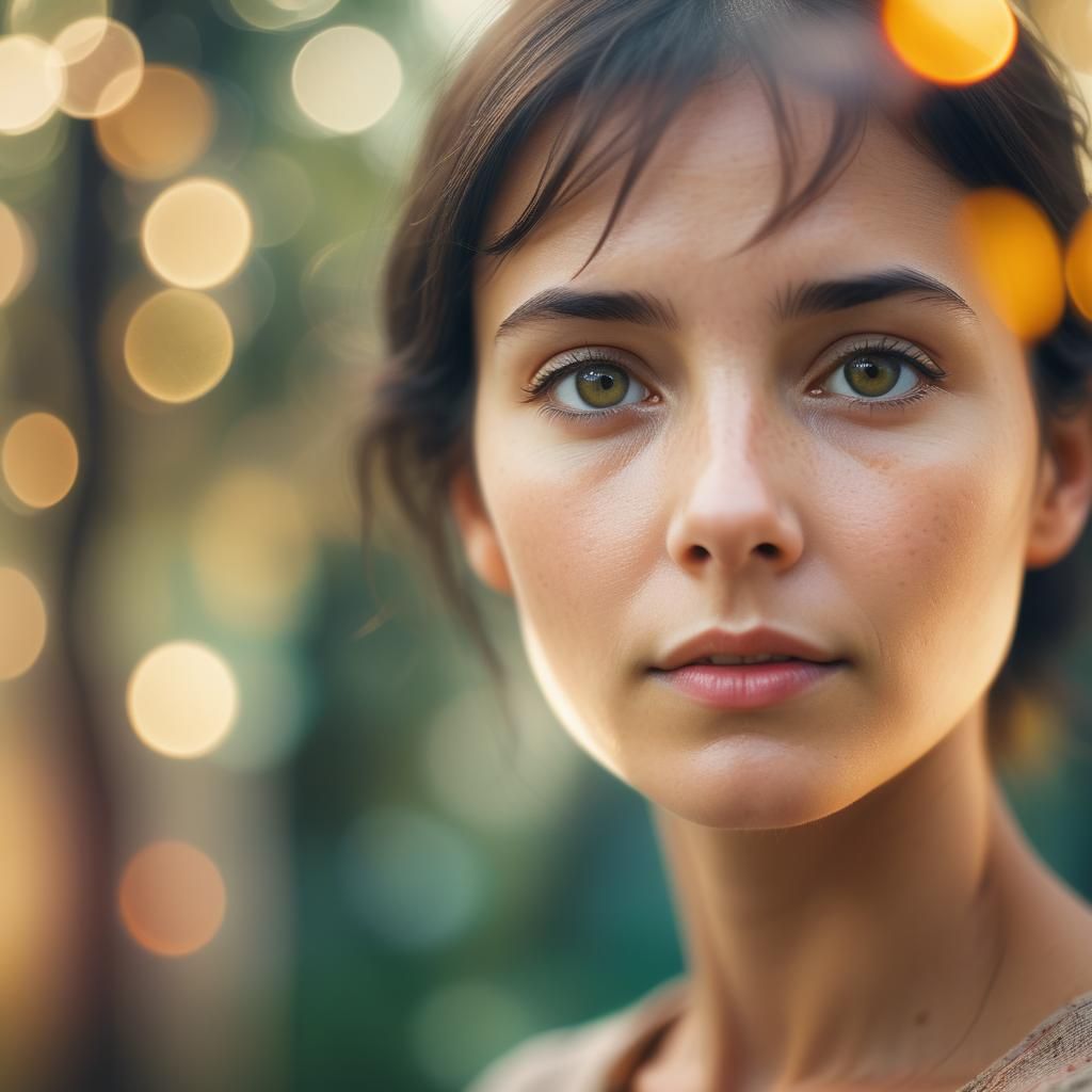 Contemplative Woman Portrait with Blurred Surreal Background