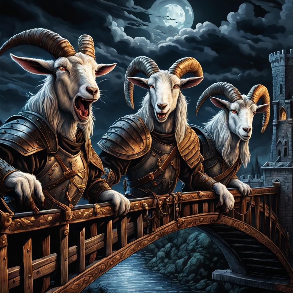 Armored Goats Cross Bridge: Grimdark Watercolor Art