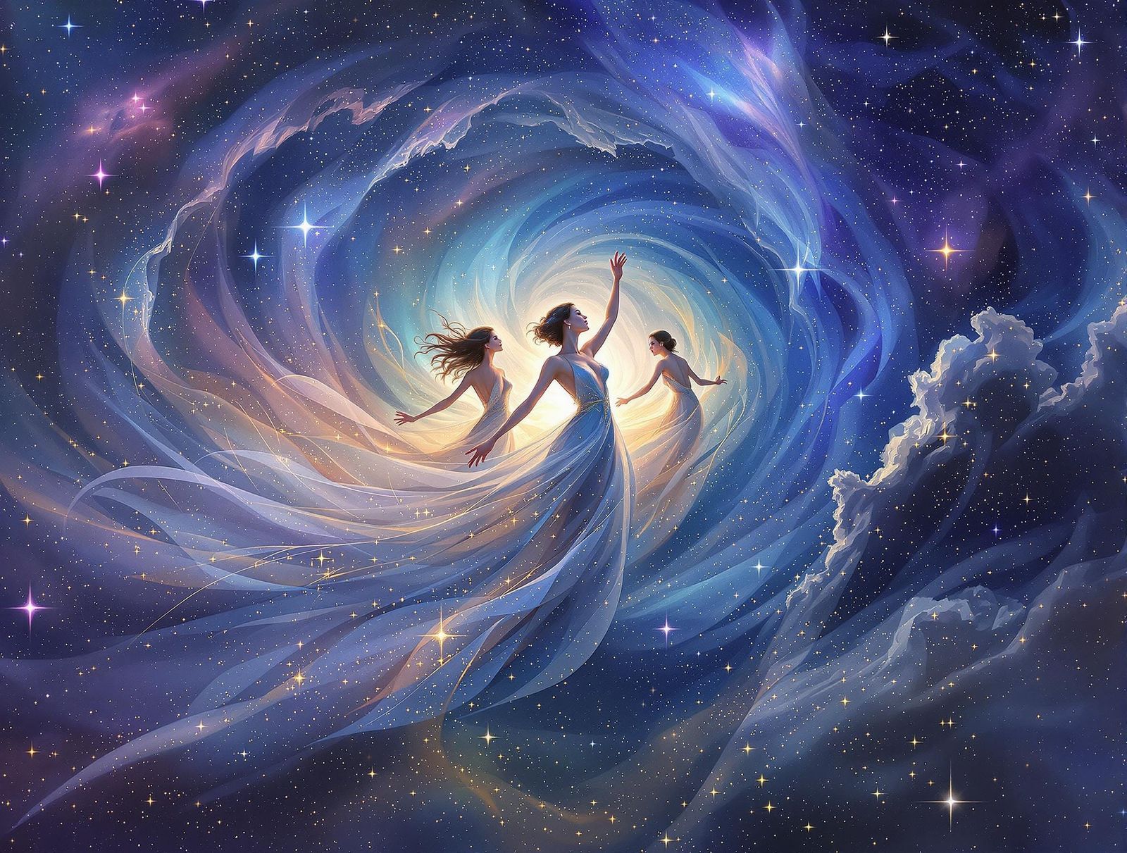 The Masterpiece, bathed in a soft, ethereal light, depicts a swirling dance of beautiful womans.  Delicate, iridescent d...