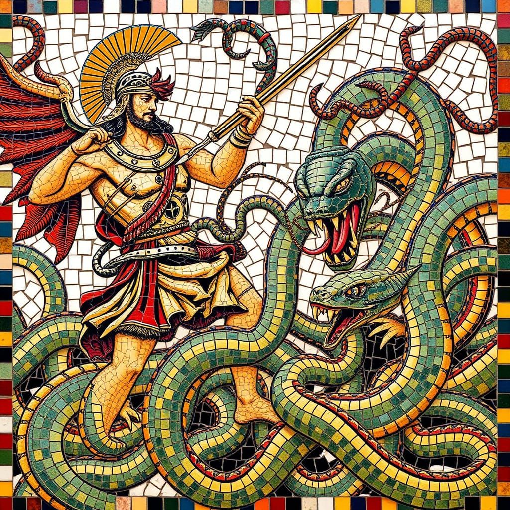 Greek Warrior Battles Serpent in Colorful Mosaic
