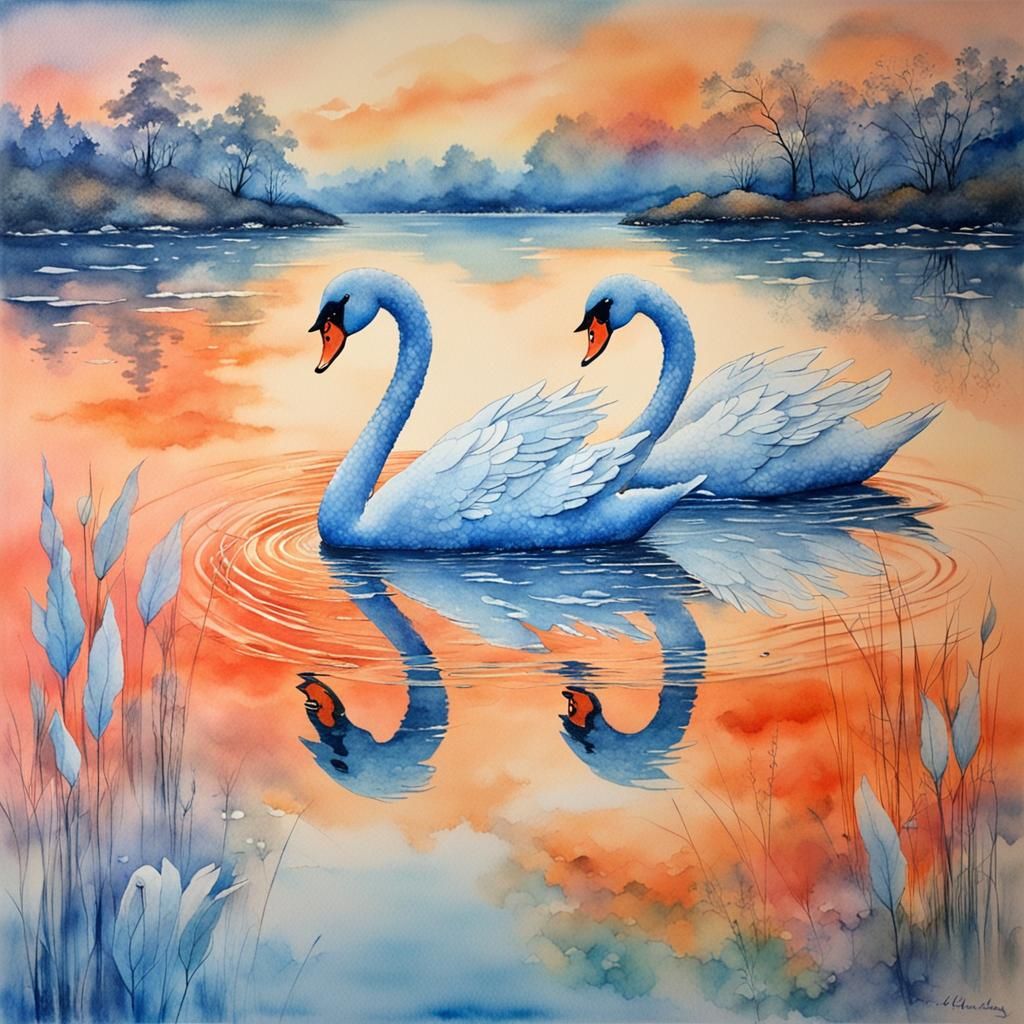 Crystal Swans at Dawn in Watercolor Style