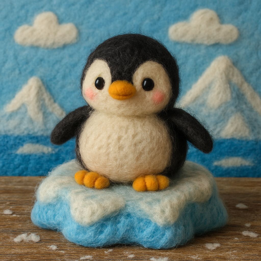 Cute Needle Felt Penguin on Iceberg Handmade Art