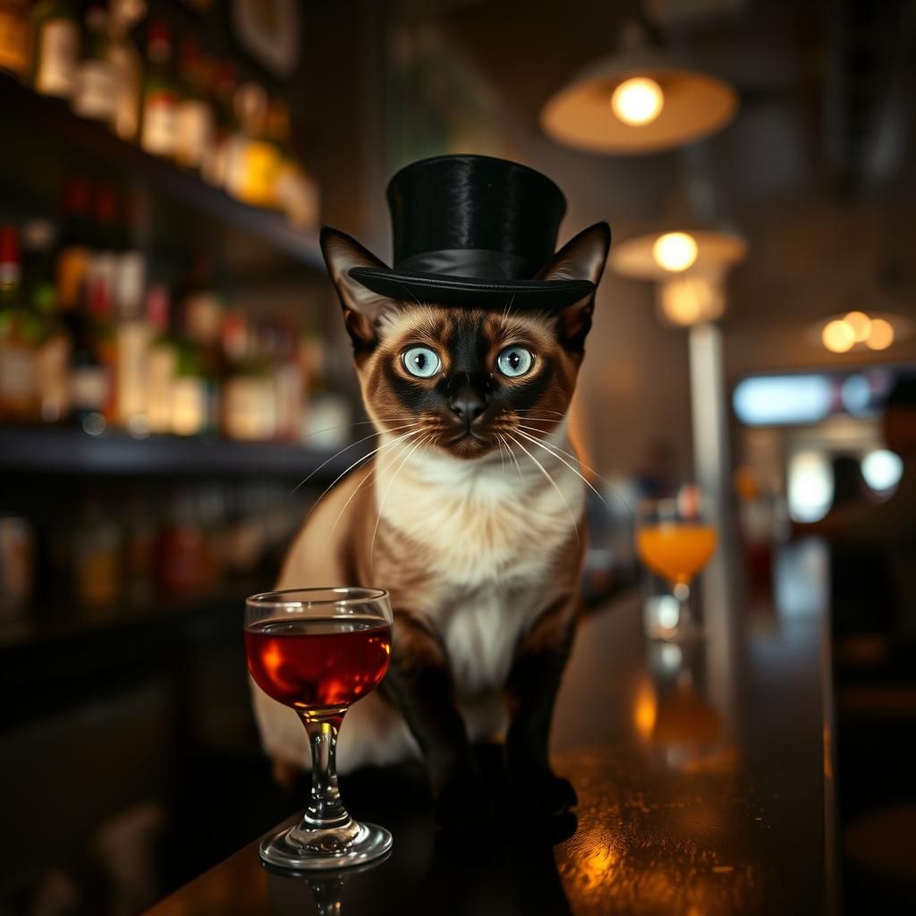 Siamese Cat in Top Hat at Bar, Chiaroscuro