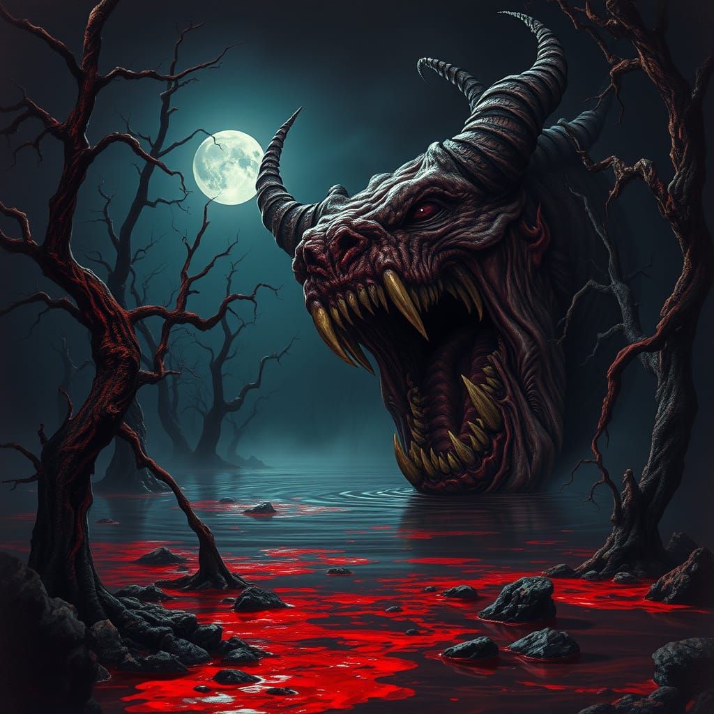 Dark Demon's Maw Submerged in Bloody Lake