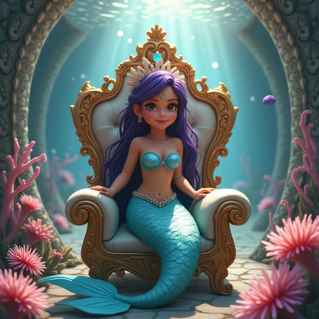 Mermaid Queen in Underwater Castle, Detailed Matte Painting