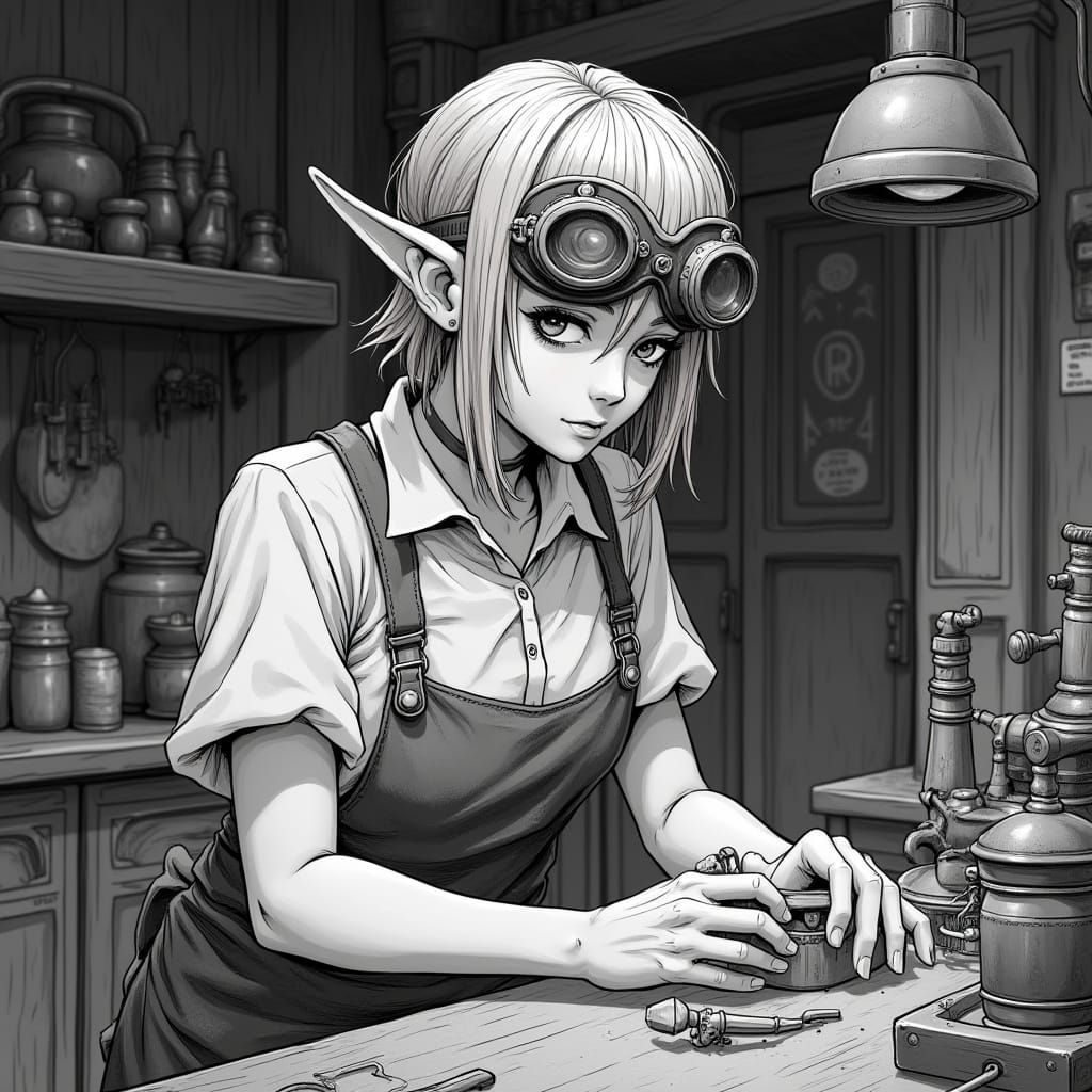 Anime Manga-Style Elf Artificer in Black and White