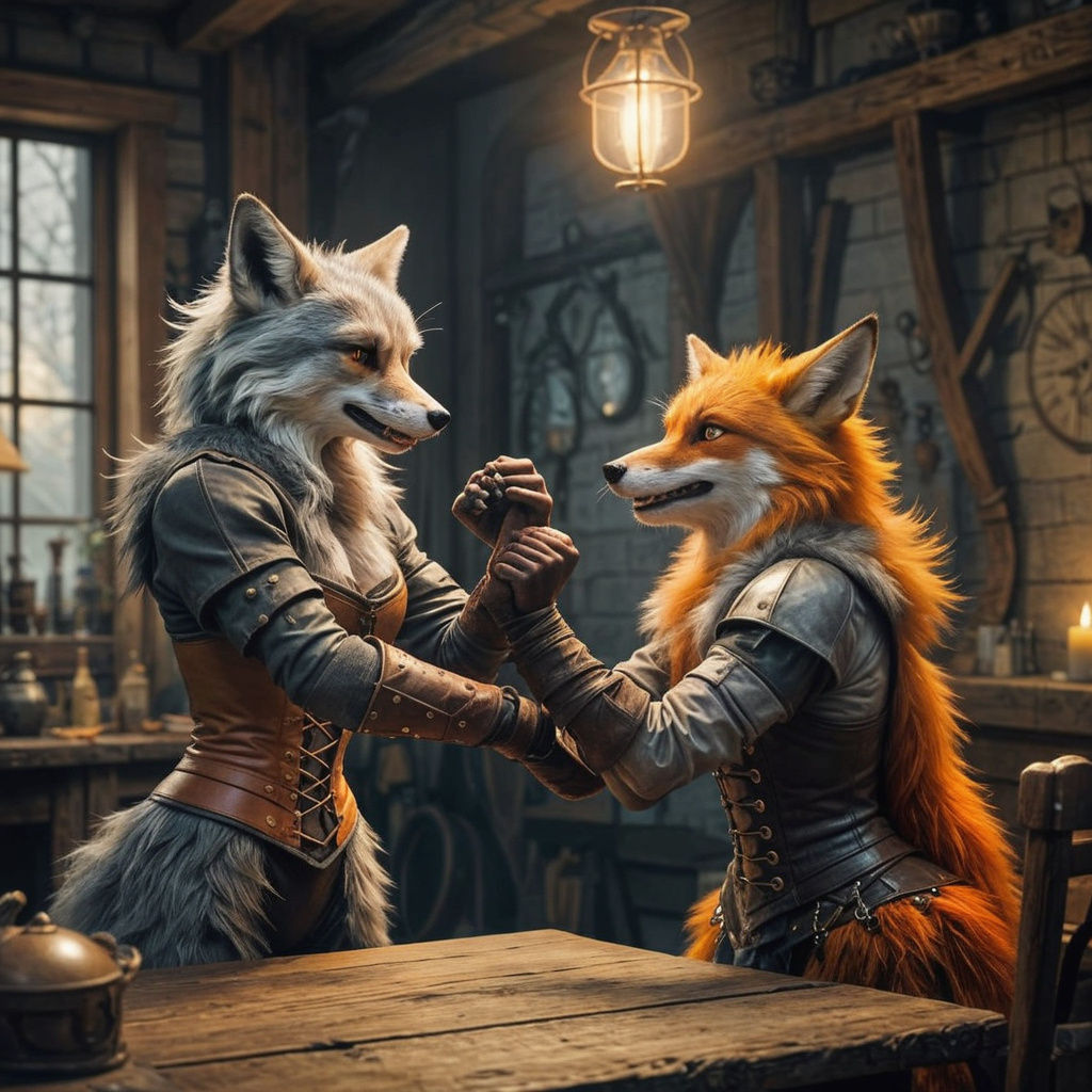 Anthropomorphic Fox and Wolf Engage in Arm-Wrestling Showdow...