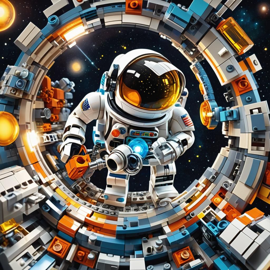 Retro LEGO Astronaut Repairs Spaceship
