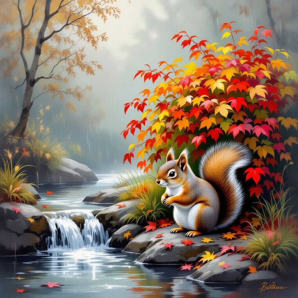 Fluffy Squirrel Shelters Under Autumn Bush by Waterfall