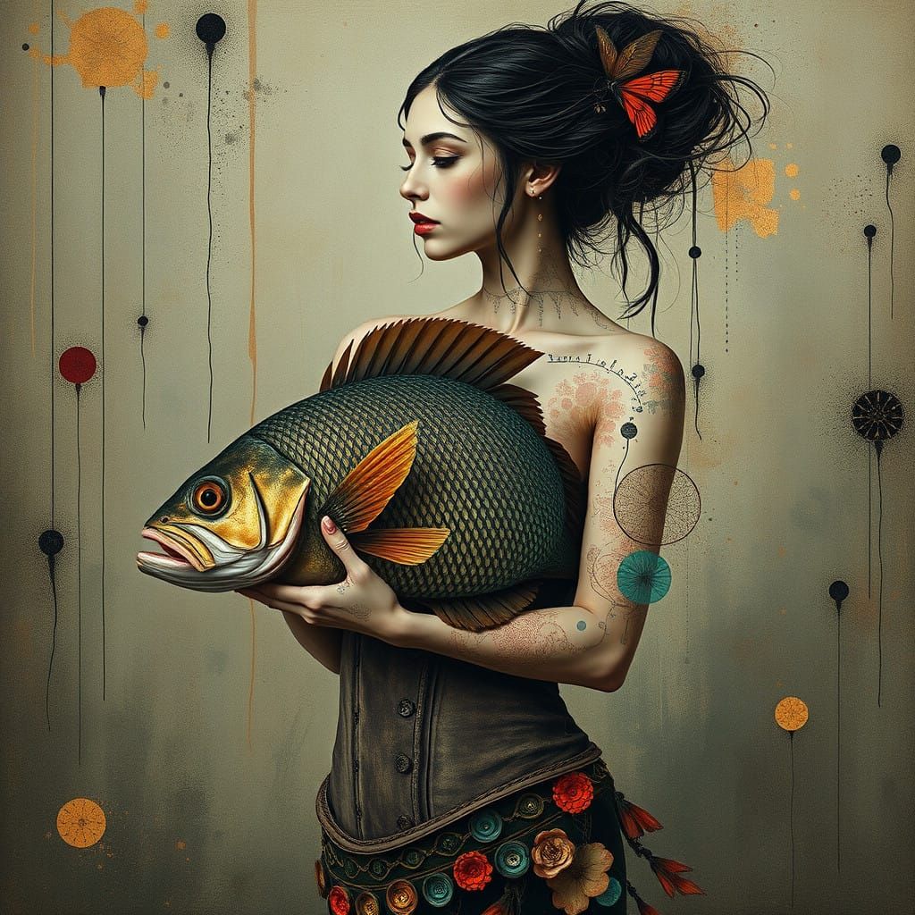 Woman in Corset Holds Glitchy Fish in Organic Collage