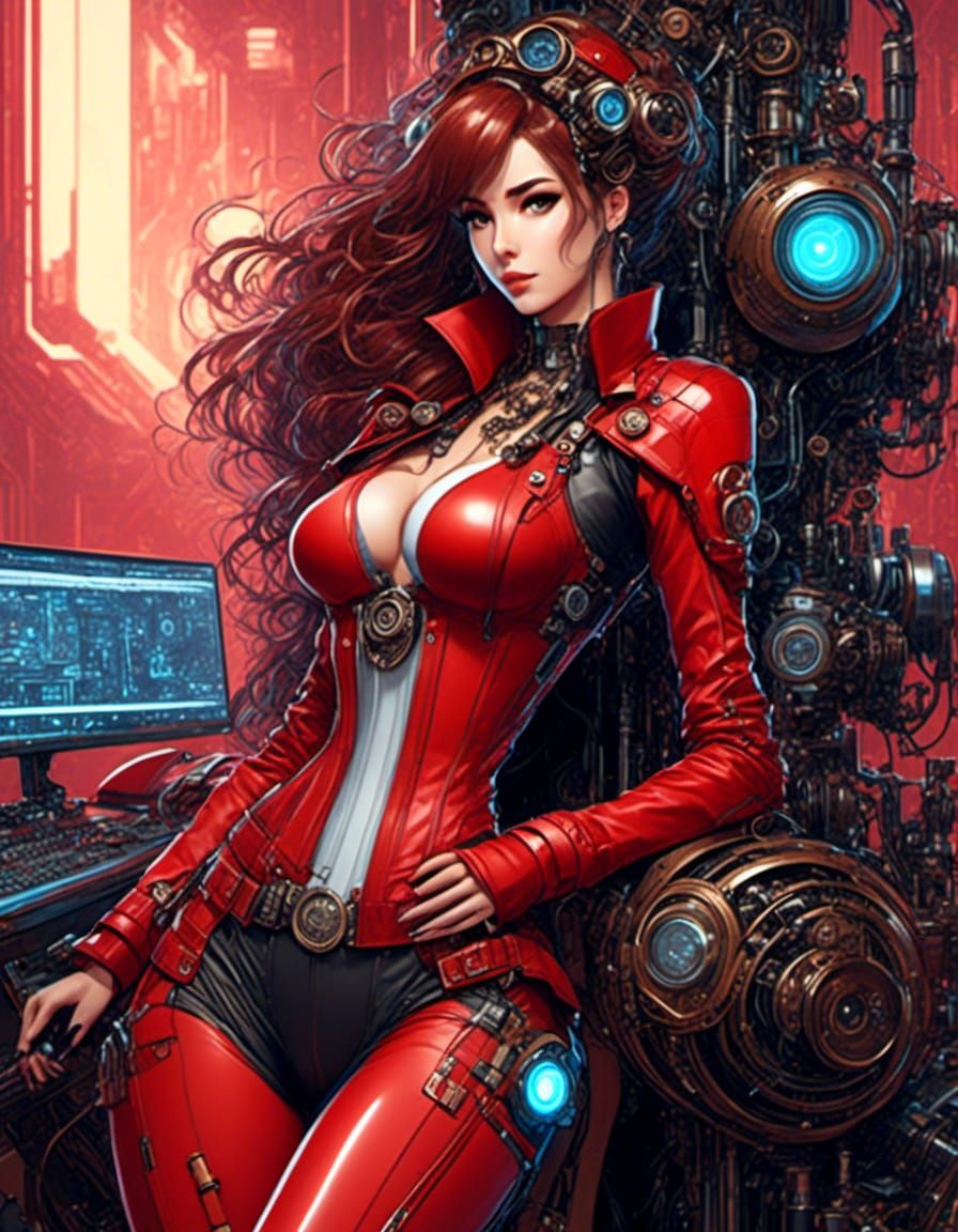 Stunning body Steampunk full-body color sketch portrait, anime lady, red leather outfit, hyperdetailed, minimalist, in l...
