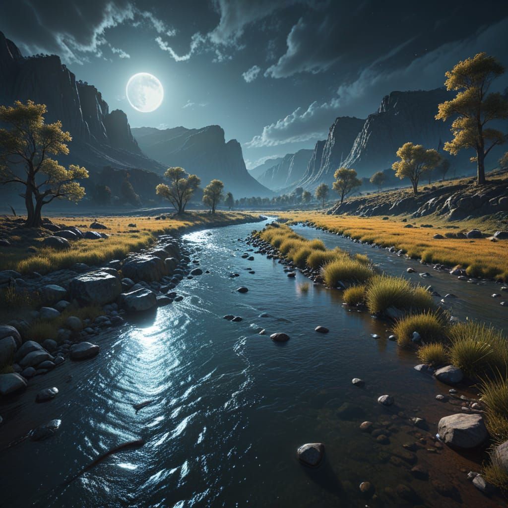 Day and Night River Landscape in Digital Painting Style