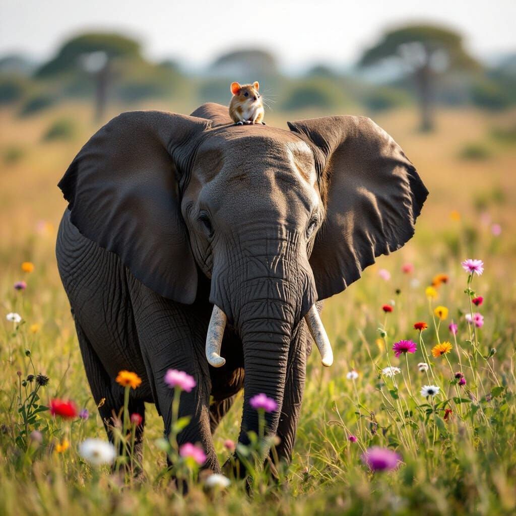 Elephant and Mouse Friends in a Vivid Flower Field