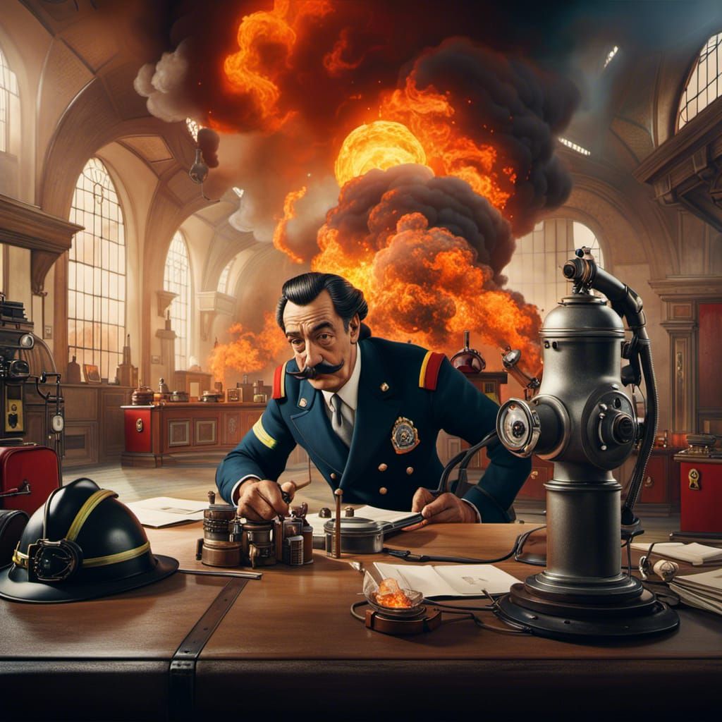 Surreal Firefighter with Dali Mustache, Digital Art