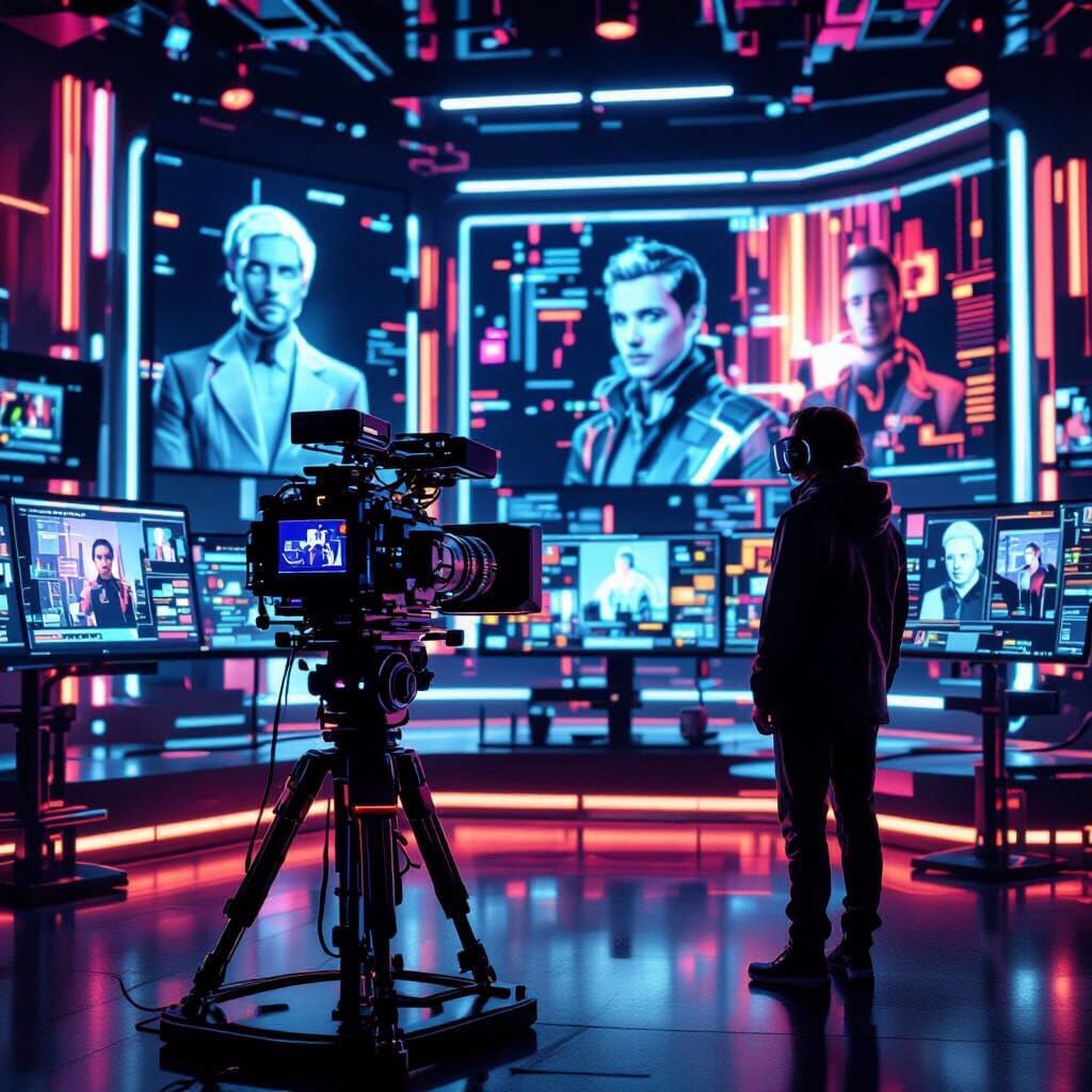Futuristic Studio Control Room with Holographic Actors