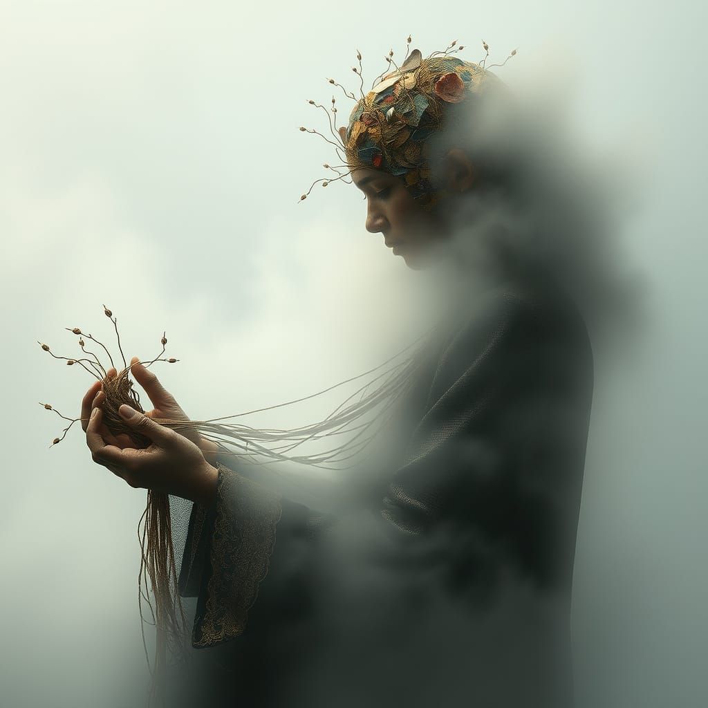 Ethereal Figure Emerges from Cosmic Collage