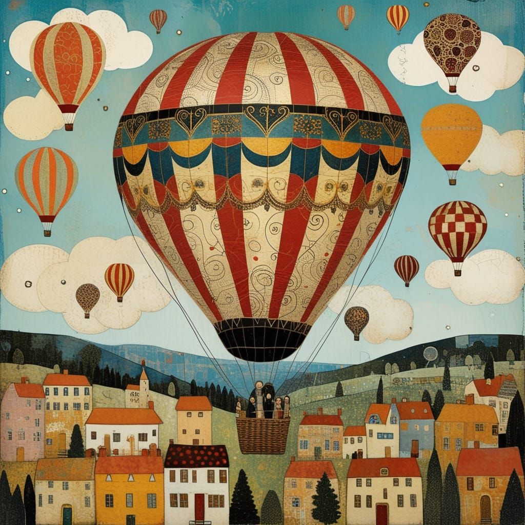 Hot Air Balloon Collage in Mixed Media Style